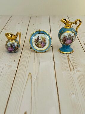 Blue & Gold Limoges Set: Miniature Plate, Water Pitcher, & Urn Pitcher
